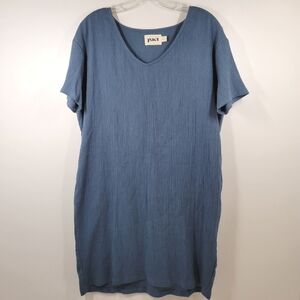 Pact Blue Textured 100%  Organic Cotton Short Sleeve Shift Dress Women Sz Small